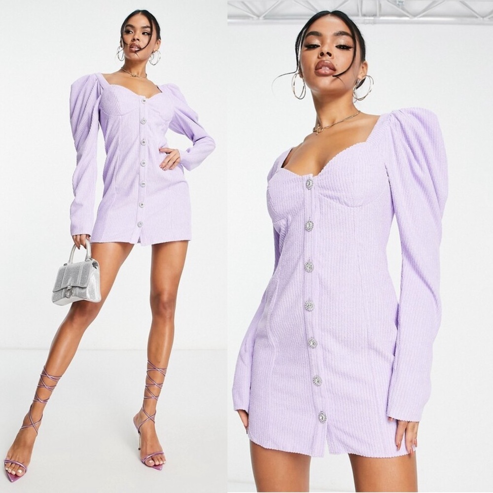 ASOS DESIGN Evening jumbo cord mini dress with diamante button in lilac Size 10